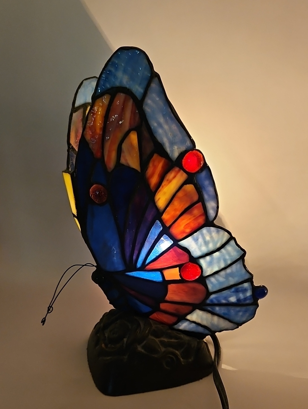 Stained Glass Butterfly Lamp - Blue & Orange 11.5" Height Multicolor Art Decor